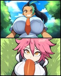 1futa ai_generated black_hair blowjob comic_page crazy_eyes dark-skinned_female dark_skin fellatio female female freckles from_above futa_on_female futanari green_hair grin latina light-skinned_female light_skin mullon nemona_(pokemon) novelai oral original original_character pink_hair pokemon pokemon_sv sweat two_tone_hair