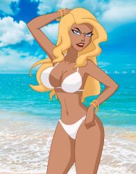 1girls annoyed annoyed_expression annoyed_face arm_up beach bikini black_canary black_canary_(dcau) blonde blonde_female blonde_hair blonde_hair_female blue_eyes bracelets carlshocker clouds dc dc_comics dcau deviantart_link dinah_lance female_only green_arrow_(series) heroine justice_league justice_league_unlimited large_breasts long_hair looking_at_viewer navel ocean ocean_background red_lips sea solo solo_female standing superheroine water white_bikini white_bra white_panties