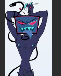 1boy abs blue_eyes blue_nipples blue_teeth blue_tongue claws demon demon_boy half-closed_eyes hazbin_hotel heart-shaped_nipples looking_at_viewer male male_only nipples nude nude_male object_head offering_to_viewer pinksartdump red_sclera sharp_teeth tongue_out tv_head vox_(hazbin_hotel) wire