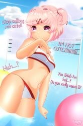 1girls doki_doki_literature_club english_text female_focus in_water natsuki_(doki_doki_literature_club) pink_eyes pink_hair scribblysuki solo_focus swimwear text volleyball_net water