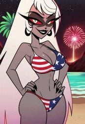 1milf 2024 4th_of_july ai_generated amazon_prime american_flag_bikini artist_request beach big_breasts bikini black_lips black_lipstick black_nail_polish black_nails carmilla_carmine curvy deviantart deviantart_link female female_only fireworks grey_body grey_skin hands_on_hips hazbin_hotel hourglass_figure huge_breasts large_breasts long_eyelashes long_hair looking_at_viewer milf overlord red_eyes seductive_look slim_waist solo very_long_hair vivienne_medrano white_hair