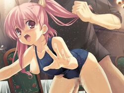 against_glass blush breast_slip breasts censored clenched_teeth crying cum cum_in_pussy female game_cg hair_pull kouzuki_chihaya kusari looking_at_viewer nipples ohara_tometa one-piece_swimsuit one_breast_out pink_eyes pink_hair rape sakura_koharu school_swimsuit sex solo_focus swimsuit tears teeth tied_hair twintails