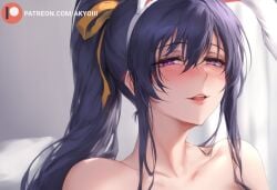 1girls ai_generated akeno_himejima akyoi animal_ears bedroom black_hair blush bunny_ears female high_school_dxd light-skinned_female light_skin long_hair looking_at_viewer patreon ponytail purple_eyes ribbon smile solo solo_female very_long_hair