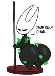 annoyed ass ass_focus big_ass bottomless butt_crack butt_focus dat_ass enormous_ass fat_ass green_bra hollow_knight hornet_(hollow_knight) looking_at_viewer looking_back money money_in_cleavage money_in_underwear money_under_clothes pole prostitution stripper_pole text theslashfive thick_thighs topwear