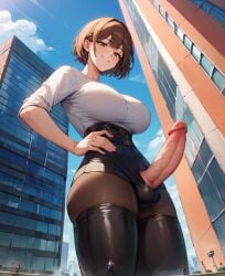 1futa ai_generated big_breasts big_penis bob_cut city erect_penis erection futa_only futa_sans_pussy futanari giant_cock giantess hand_on_hip leather leather_clothing low-angle_view penis size_difference smirk smug spalela stockings