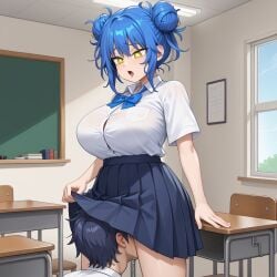 1boy 1girls ai_generated big_breasts blue_frog blue_hair cunnilingus cunnilingus_in_skirt hair_buns high_school implied_cunnilingus open_mouth original_characters school_uniform skirt vaginal_juices yellow_eyes