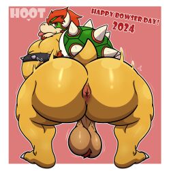 absurd_res anthro anus ass ass_focus balls big_butt bouncing_butt bowser bowser_day dg254 digital_media_(artwork) gay genitals hair heavy_balls hi_res horn humanoid jewelry koopa male male_only mario_(series) muscular muscular_anthro muscular_male nintendo nude scalie shell simple_background smile solo spikes tail tongue tongue_out