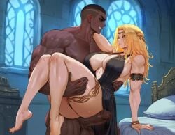 1boy 1girls abs ai_generated aipotions bare_arms bare_legs bare_shoulders bare_thighs big_breasts big_penis blonde_hair color dark-skinned_male dark_skin elden_ring female fromsoftware hi_res interracial large_breasts light-skinned_female light_skin long_hair looking_at_another male male/female muscles muscular muscular_male queen queen_marika_the_eternal tagme thick_thighs yellow_eyes