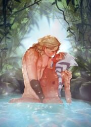 1boy 1boy1girl 1girls age_difference ahsoka_tano alternate_hair_color anakin_skywalker blonde_hair fingering interspecies long_hair mechanical_arm naked nude nude_female nude_male orange_skin scar sitting_in_water smithlord66 star_wars togruta