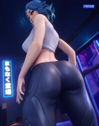 1female 1girls 3d alternate_version_available ass ass ass_focus bare_arms bare_shoulders blue_eyes blue_hair clothed clothed_female clothing epic_games female female female_only fortnite fortnite:_battle_royale lepermessiah light-skinned_female light_skin lightrider_(fortnite) looking_at_viewer looking_back looking_back_at_viewer short_hair solo solo_female standing tagme