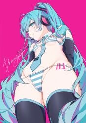 arms_behind_back bikini blue_eyes blue_hair breasts detached_collar detached_sleeves drawing_kanon female from_below hatsune_miku hatsune_miku_(collared_bikini) headset highres long_hair looking_at_viewer meme meme_attire miku_collar_bikini necktie pink_background simple_background small_breasts solo striped_bikini striped_clothes swimsuit thighhighs twintails very_long_hair vocaloid