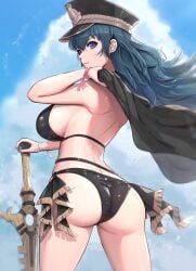 1girls alternate_costume ass big_ass bikini black_bikini black_hat black_swimsuit blue_eyes blue_hair blue_sky breasts byleth_(female)_(fire_emblem) byleth_(female)_(summer)_(fire_emblem) byleth_(fire_emblem) closed_mouth cloud day female female female_only fire_emblem fire_emblem:_three_houses from_behind gonzarez hat highres holding holding_sword holding_weapon large_breasts long_hair looking_at_viewer nintendo official_alternate_costume outdoors sideboob sky solo standing swimsuit sword teal_hair weapon