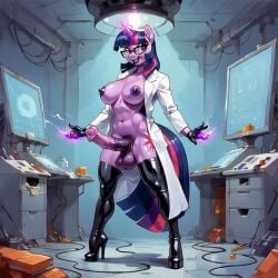 1futa absolute_territory ai_generated anthro anthro_pony black_lipstick electricity electrokinesis experiment futanari gothic high_heels labcoat laboratory latex latex_gloves latex_thighhighs machinery my_little_pony power_display tail thighhighs toned_futa twilight_sparkle_(mlp)