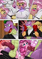 anthro anthrofied applejack_(mlp) balls big_breasts breasts clothed clothing comic cunnilingus dialogue dragon english_text equid equine erection female female/female fluttershy_(mlp) friendship_is_magic genitals hasbro hi_res licking male male/female mammal my_little_pony mythological_creature mythological_scalie mythology oral panties penis pia-sama pinkie_pie_(mlp) pussy rarity_(mlp) scalie sex spike_(mlp) text tongue tongue_out underwear vaginal_penetration