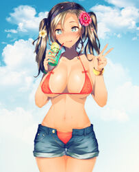 1girls bikini blue_eyes blush brown_hair cleavage clothed_female covered_nipples drink female female_only hair_between_eyes hair_ornament highres large_breasts looking_at_viewer navel out_of_frame outside pointy_chin solo standing suihei_sen sweat symbol-shaped_pupils tanlines thigh_gap tongue tongue_out twintails wet