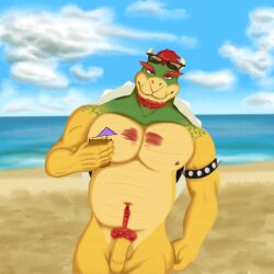 absurd_res alcohol animal_humanoid anthro beach beach_background beard belly beverage big_arms big_belly big_pecs big_penis bowser bowser_day bracelet broad_shoulders chest_tuft cocktail cocktail_garnish cocktail_glass cocktail_umbrella container cup digital_media_(artwork) drinking_glass eyewear eyewear_on_head facial_hair flaccid gay genitals glass glass_container glass_cup green_body green_scales hair hi_res horn huge_pecs humanoid jewelry male mario_(series) mature_male muscular muscular_anthro muscular_arms muscular_male muscular_thighs nintendo nipple_piercing nipples non-erect pecs penis piercing pubes pubes_exposed red_beard red_eyes red_facial_hair red_hair red_pubes scales scalie scalie_humanoid sharp_teeth shell solo spiked_bracelet spikes sunglasses sunglasses_on_face sunglasses_on_head teeth tuft yellow_body yellow_scales