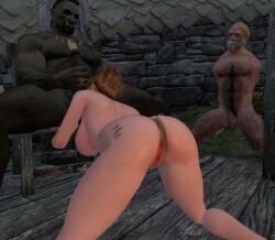 3d ass balls_licking blonde_hair chair cuck cucked_by_orc cuckold erection fallingtho female gerdur hairy_male hod human human_female human_male humiliated humiliation interracial interracial_sex kneeling light-skinned_female light-skinned_male light_skin male male/female medieval mouth_covered netorare ntr orc orc_male orc_stronghold orced orsimer outdoors panties panties_aside skyrim tied_hands visible_pussy