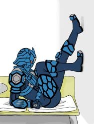 1boy 3_horns against_wall armor bent_legs blue_armor chair cushion cushions facing_away facing_away_from_viewer feet_against_wall feet_on_wall feet_up gravure imagin kamen_rider kamen_rider_den-o_(series) leaning leaning_on_arm legs_up male_focus male_only on_arms on_chair on_seat orange_eyes pinup pinup_pose posing side_view sitting sitting_on_chair solo tucked_legs turtle urataros