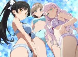 3girls ai_generated aqua_bra aqua_panties ass bangs black_bow black_hair blue_bow blue_bra blue_eyes blue_panties blush bow bow_bra bow_panties bra braid breasts brown_hair closed_mouth embarrassed female female_only from_below frown green_eyes hair_behind_ear hairbow hazuki_ren high_ponytail kaleidoscore_(love_live!) large_breasts light_brown_hair long_hair looking_at_viewer looking_down love_live! love_live!_superstar!! medium_breasts multicolored_hair multiple_girls navel panties pink_hair ponytail purple_bra purple_panties red_bow short_hair smile tang_keke tokiwa-27 underwear underwear_only white_bow wien_margarete yellow_eyes