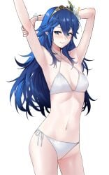 1girls ameno_(a_meno0) arm_behind_head arm_grab armpits bare_arms bikini blue_eyes blue_hair blush breasts cleavage fire_emblem fire_emblem_awakening flower flower_in_hair grabbing_own_arm hair_between_eyes hair_flower hair_ornament long_hair looking_at_viewer lucina_(fire_emblem) navel nintendo sideboob small_breasts smile solo stomach swimsuit symbol-shaped_pupils thighs tiara very_long_hair white_background white_bikini