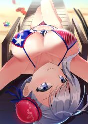 absurdres american_flag_bikini asymmetrical_hair bangs bare_shoulders bikini blue_eyes blush breasts bun_cover cleavage closed_mouth collarbone fate/grand_order fate_(series) female flag_print grey_hair hair_bun highres iro_(boo_iro) large_breasts long_hair looking_at_viewer lying miyamoto_musashi_(fate) miyamoto_musashi_(fate/grand_order) miyamoto_musashi_(swimsuit_berserker) miyamoto_musashi_(swimsuit_berserker)_(fate) navel on_back saint_quartz_(fate) sandals side_bun single_hair_bun single_side_bun smile swept_bangs swimsuit thighs upside-down