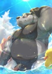 2024 absurd_res anthro badger balls belly big_belly closed_eyes cloud genitals glans grey_body hanapanda hi_res kemono male mammal moobs musclegut muscular mustelid musteline navel nipples nude overweight overweight_male penis rubber_duck solo water