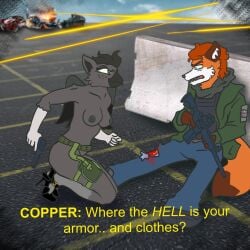 anthro anthro_on_anthro ass avian belt bird bird_girl blood blue blue_eyes breasts casual cocky copperboyart feathers female firearm fluffy_tail fox fox_boy freckles furry ginger graybody grey_body guns handgun high_heels indyee legwear male nude nude_female orange_fur outdoors parking_lot pistol public public_nudity puffy_nipples rifle shooting smirk squatting tactical_nudity weapon wings wounded yiff