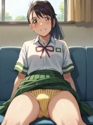 ai_generated artist_request asian asian_female bare_legs black_hair blush brown_eyes curvaceous huge_pussy large_breasts light-skinned_female light_skin looking_at_viewer panties ponytail presenting_pussy puffy_pussy school_uniform schoolgirl smiling solo_female stable_diffusion suzume_(suzume_no_tojimari) suzume_no_tojimari thick_thighs thighs