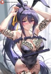 1girls ai_generated akeno_himejima akyoi animal_ears bedroom big_breasts black_hair blush breasts bunny_ears female high_school_dxd leotard light-skinned_female light_skin long_hair looking_at_viewer patreon ponytail purple_eyes ribbon smile solo solo_female thighs very_long_hair