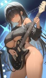 1girls ai_generated black_hair black_shirt blunt_bangs bottomless celia_(kosine1777) convenient_censorship dark_skin electric_guitar exposed_shoulder goth_girl guitar hair_covering_eyes kosine1777 kosineverse large_breasts long_hair on_stage one_shoulder_exposed one_shoulder_top original original_character public_nudity solo underboob