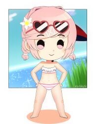 1girls chibi doki_doki_literature_club glasses heart_glasses natsuki_(doki_doki_literature_club) pink_hair scribblysuki swimwear