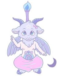 1futa anthro baphomet blue_eyes breasts caprine cute demon diphallia diphallism feathers fire futanari hair_accessory herm horn intersex mammal moon multi_penis nipples penis simple_background skirt smile snake_penis topless wings