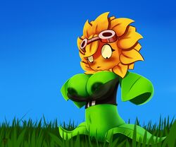 artist_request big_breasts blush breasts cleavage clothed clothing eyelashes eyewear female flora_fauna flower goggles mrdoccon nipples plant plants_vs_zombies plants_vs_zombies:_heroes pussy shirt solar_flare_(pvz) solo sunflower sunflower_(pvz) wide_eyed