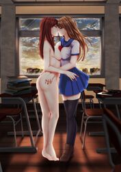 2girls angerox ass barefoot black_legwear breasts brown_hair classroom closed_eyes clothed_female_nude_female incipient indoors kissing multiple_girls nude original school_uniform sideboob skirt sunset thighhighs tiptoes yuri