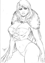 black_and_white cleavage corset ed_benes_studio emma_frost female female_only fur_trim hellfire_club leo_matos marvel marvel_comics panties pussy_bulge white_queen x-men