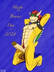 2024 abs anthro balls bodily_fluids bowser bowser_day collar digital_media_(artwork) dustin_c erection genital_fluids genitals hair hands_behind_head hi_res horn humanoid_genitalia humanoid_penis kneeling koopa leaking leaking_precum looking_at_viewer male male_only mario_(series) muscular muscular_anthro muscular_male nintendo nipple_piercing nipple_ring nipples nude open_mouth pecs penile penis piercing precum presenting pubes red_eyes red_hair ring_piercing scalie shaded sharp_teeth shell simple_background smile solo spiked_collar spiked_shell spiked_tail spikes spikes_(anatomy) super_mario_bros. tail teeth text yellow_body