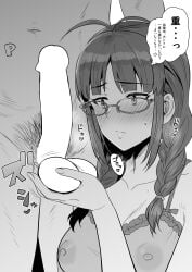 1boy akizuki_ritsuko antenna_hair blank_censor blush braid breasts caressing_testicles censored collarbone commentary_request erection female glasses greyscale highres idolmaster idolmaster_(classic) male_pubic_hair monochrome nipples penis producer_(idolmaster) pubic_hair see-through_clothes speech_bubble straight sweat testicles thought_bubble translation_request tsurui twin_braids