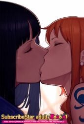 2girls ai_generated black_hair close-up closed_eyes female female_only french_kiss kissing konoai nami nico_robin one_piece orange_hair passionate_kiss pre-timeskip yuri