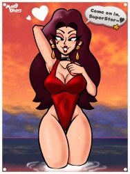 arm_behind_head breasts brown_hair cleavage ear_piercing eyelashes female grin heart highres lipstick long_hair looking_at_viewer makeup mario_(series) marodraws nintendo outdoors pauline pauline_(mario) piercing red_lips smile speech_bubble swimsuit water