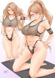 1girls abs absurd_res artist_name artist_signature barefoot big_breasts black_thong blonde_female blonde_hair blush breasts brown_eyes cleavage closed_mouth female female_only fit_female granblue_fantasy granblue_fantasy:_relink granblue_fantasy_versus grey_sports_bra hand_in_own_hair hand_on_hip hand_on_leg highleg highleg_panties katalina_(granblue_fantasy) katalina_aryze kneeling lace_trimmed_thong long_hair looking_at_viewer navel panties ponytail smile smiling_at_viewer solo_female sports_bra sweat tagme thick_thighs thong toyoman white_background wide_hips yoga_mat