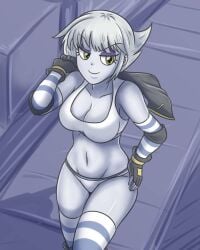 1girls big_breasts black_gloves cleavage curvy_female curvy_figure deviantart deviantart_link elbow_gloves eyebrows_visible_through_hair female_only grey_body grey_skin hasbro human humanized humanized_pony large_breasts legwear limestone_pie limestone_pie_(mlp) my_little_pony short_hair solo sports_bra striped_gloves striped_legwear sumin6301 white_clothing white_hair white_panties white_sports_bra white_topwear yellow_eyes