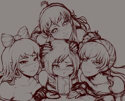 1boy 4girls blake_belladonna faunus fellatio female human large_penis male monochrome oral randomboobguy ruby_rose rwby team_rwby weiss_schnee yang_xiao_long