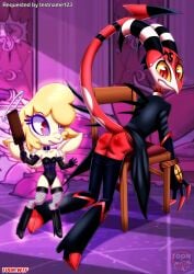 1boy 1girls angel anthro ass bbmbbf blitzo_(helluva_boss) blush bondage demon female helluva_boss keenie_(helluva_boss) male male/female palcomix rope rope_bondage size_difference teeth toon.wtf vivienne_medrano