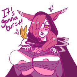 angry angry_expression angry_eyes angry_face bandage bandages bird_girl black_lipstick breast_expansion breasts breasts_bigger_than_head cloak feathers fingernails fluffy_ears hood league_of_legends lipstick nails nipple_bulge nipples pink_nails red_hair riot_games slickpens teeth teeth_showing tight_clothing vastaya xayah