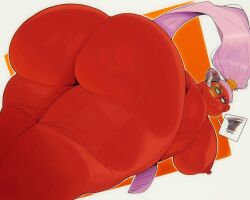 ass_focus bonyu bottomless dragon_ball_z huge_ass large_ass looking_away orange_background ponytail red_skin scouter tinted_eyewear underneath