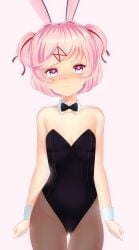 1girls ass_visible_through_thighs bare_shoulders blush bowtie bowtie_collar bunny_ears bunnysuit collar doki_doki_literature_club female_focus heart-shaped_pupils natsuki_(doki_doki_literature_club) pink_hair scribblysuki thighs