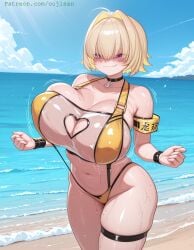 ai_art ai_assisted ai_generated armband bangs beach bikini blonde_hair blush breasts choker cleavage cleavage_cutout clothing_cutout day elegg_(boom_and_shock)_(nikke) elegg_(nikke) female goddess_of_victory:_nikke huge_breasts looking_at_viewer navel ocean oerba_yun_fang oujisan outdoors patreon patreon_url patreon_username purple_eyes self_upload shiny short_hair skin_fang skindentation sky smile solo swimsuit tagme thigh_strap wet yellow_bikini