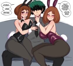 1boy 2girls bare_arms bare_shoulders big_breasts big_thighs blush blush_lines breasts brown_eyes brown_hair bunny_costume bunny_ears bunny_tail bunnysuit clothed clothing cope english_text female green_hair hands_on_back hi_res huge_breasts huge_thighs imminent_sex izuku_midoriya large_breasts legwear light-skinned_female light_skin looking_at_viewer male male/female midoriya_izuku milf mother_and_daughter my_hero_academia ochako's_mother ochako_uraraka saltyxodium short_hair sitting_on_lap sitting_on_thigh text text_bubble thick_thighs