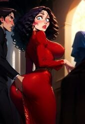 1boy 1girls ai_generated anal anal_fingering anal_through_clothes dress forced_in_fabric hetero large_ass large_breasts mother_gothel nipple_bulge penetration_through_clothes plump_lips red_dress red_lipstick tagme tangled