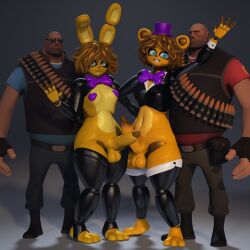 a-pose absurd_res animatronic anthro bald balls bear big_balls big_penis blue_eyes bow_tie clothing erection eyewear femboy five_nights_at_freddy's foxgirlnsfw fredbear_(fnaf) genitals green_eyes group hat headgear headwear heavy_(team_fortress_2) hi_res human hung_femboy hung_trap lagomorph legwear leporid machine male mammal meme mishuyuu penis pootis rabbit robot scottgames shitpost spring_bonnie spring_bonnie_(fnaf) sunglasses team_fortress_2 thick_thighs thigh_highs top_hat valve